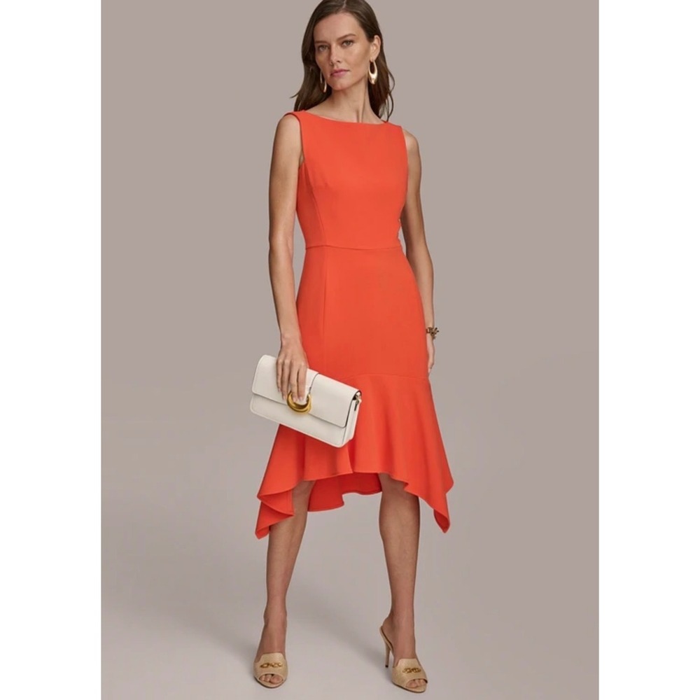 Donna Karan New York Orange Sleeveless Ruffle Hem Cocktail Dress Size 14 NWT